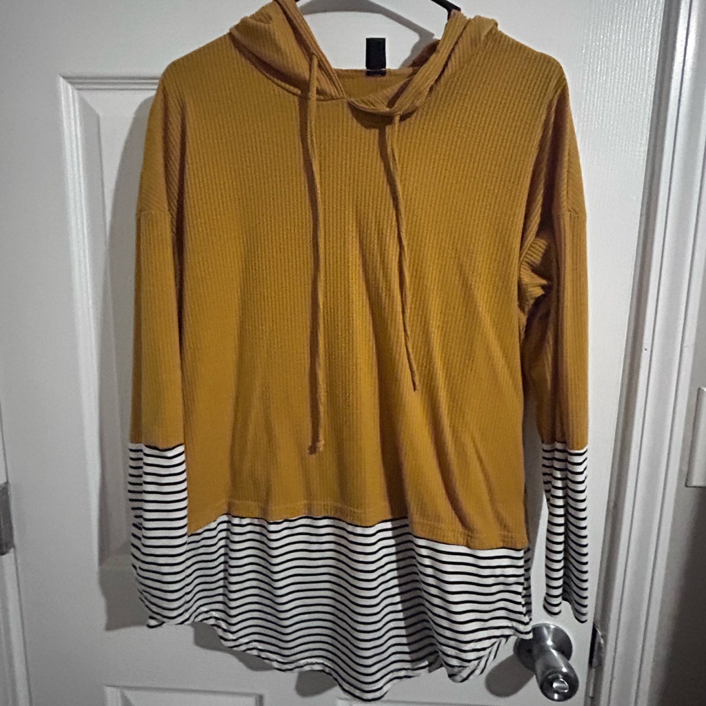 Shein Mustard Ribbed Hooded Tunic With Striped Trim